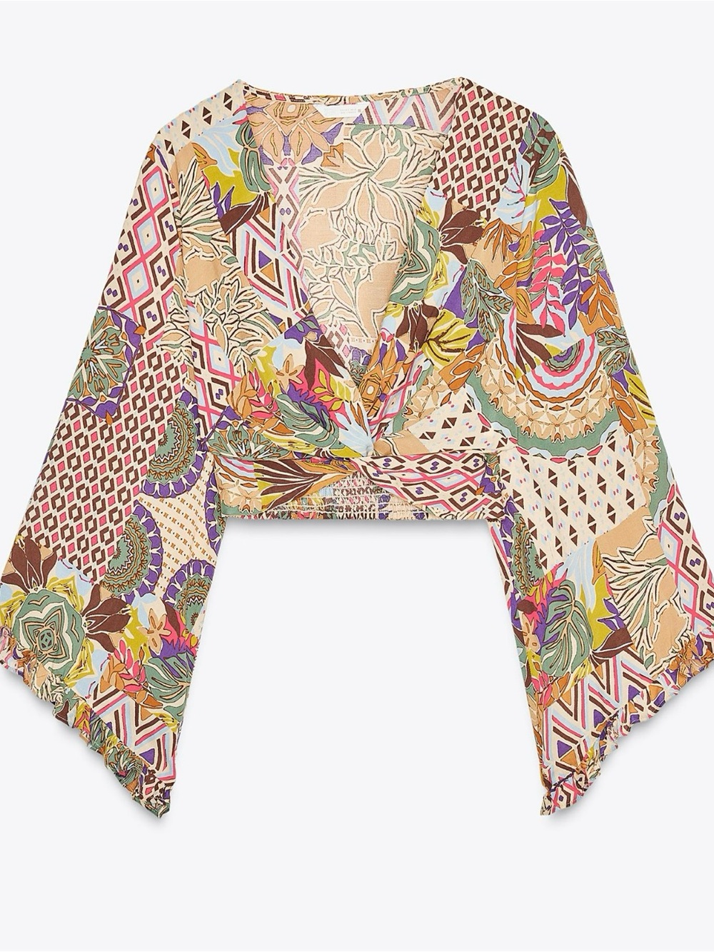 Zara XS Patchwork Boho Floral Bell Sleeve Crop Top NWT